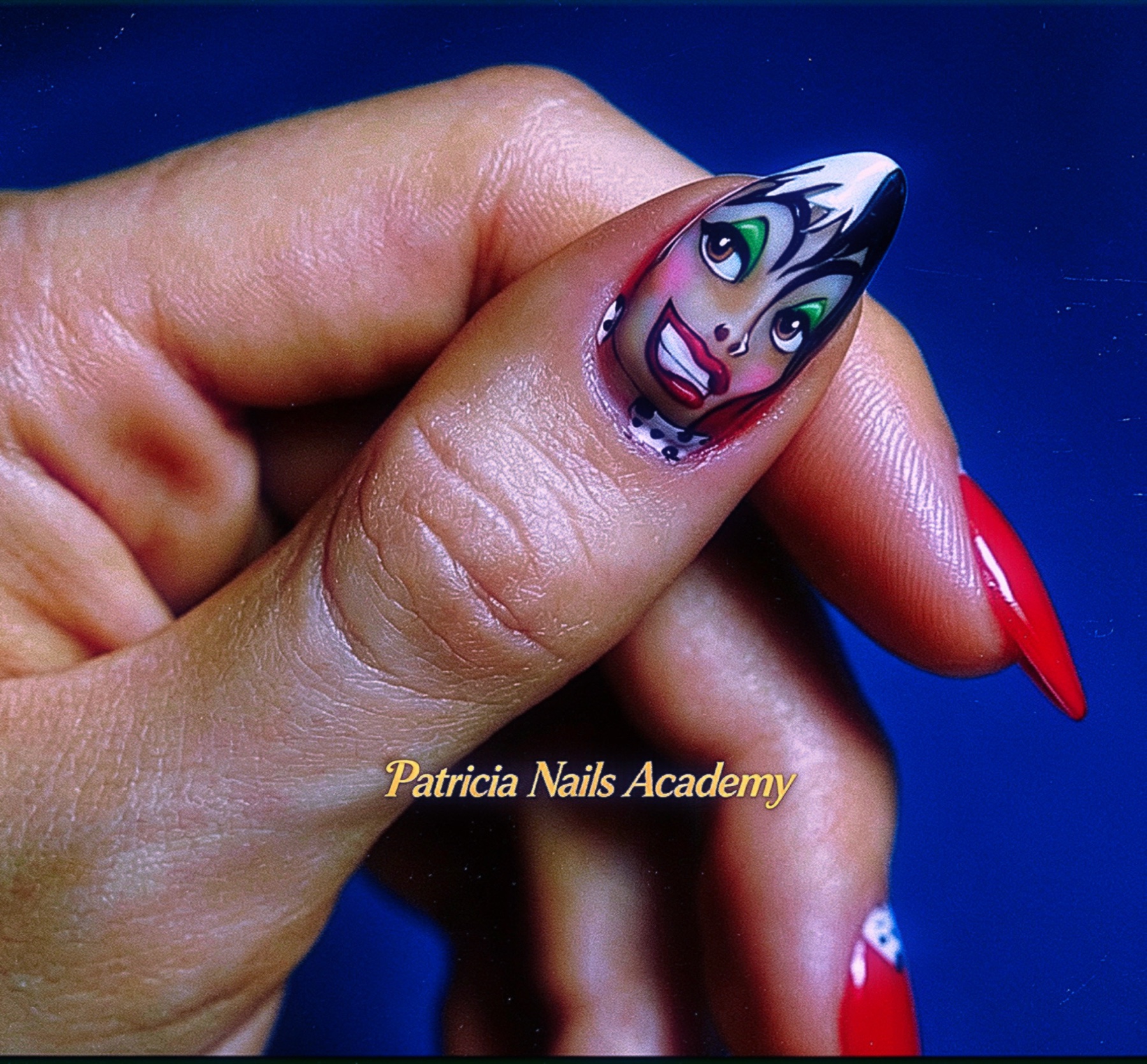 Detailed character nail art close-up from Patricia Nails Academy